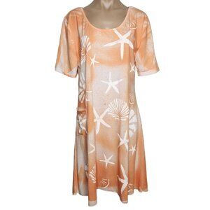 Vintage Crazy Fish Hawaiian T-Shirt Dress Starfish Sea Shell Print Orange